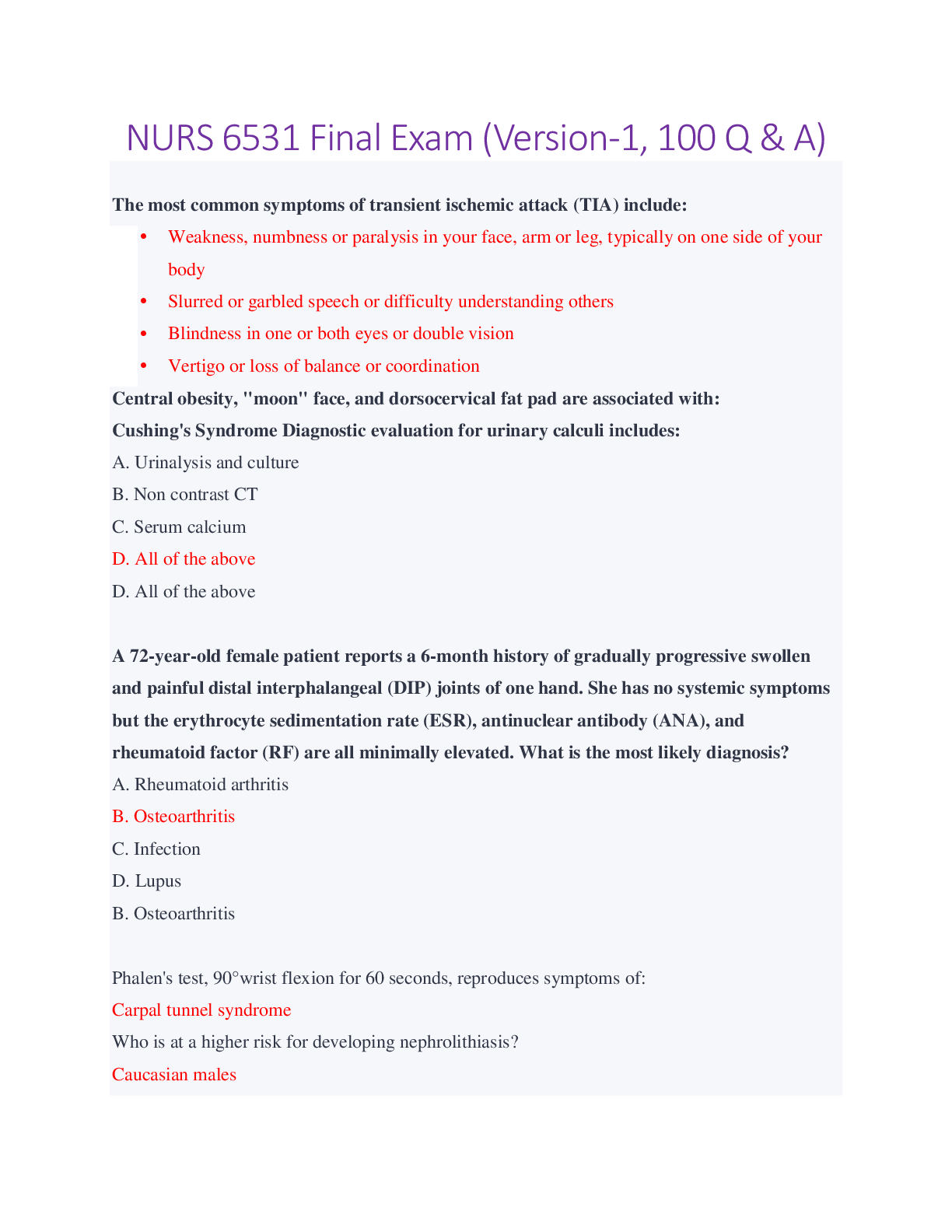 NURS 6531 Final Exam_Version-1, 100 Q & A.  NURS6531N Final Exam | Verified Q & A.