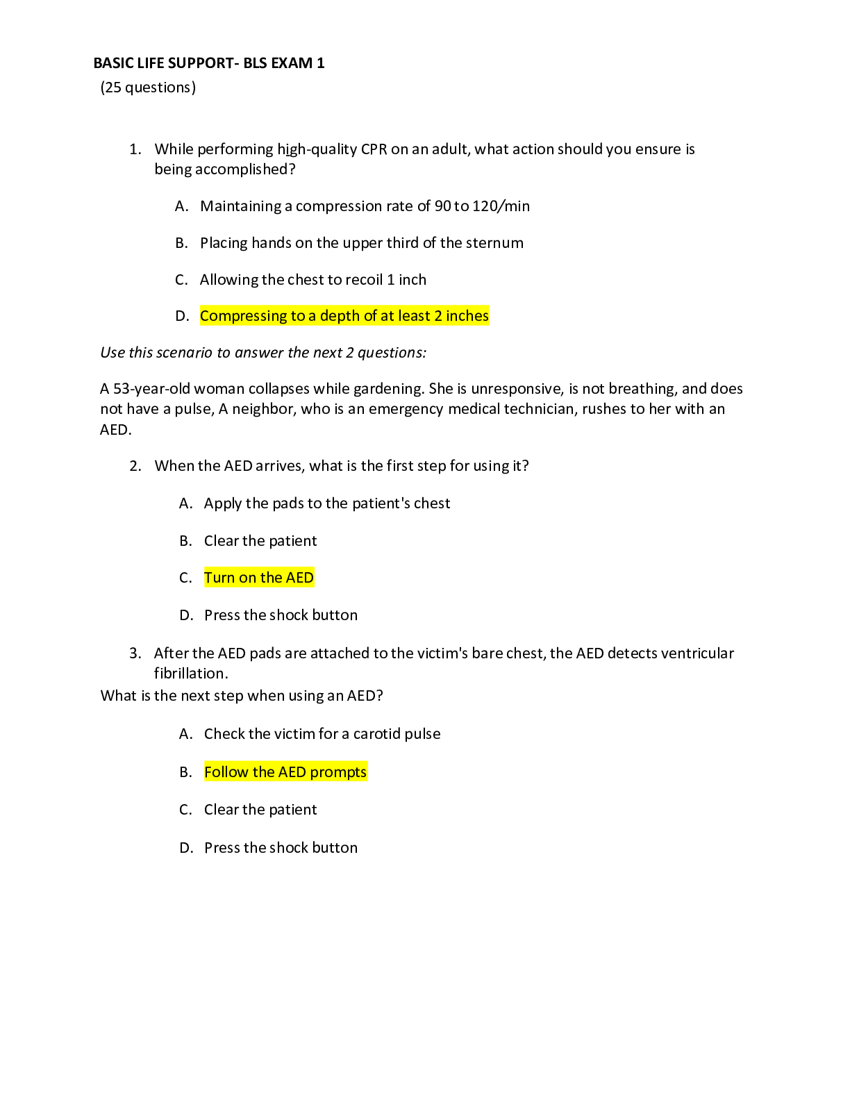 BASIC LIFE SUPPORT- BLS EXAM 1 | ScholarFriends