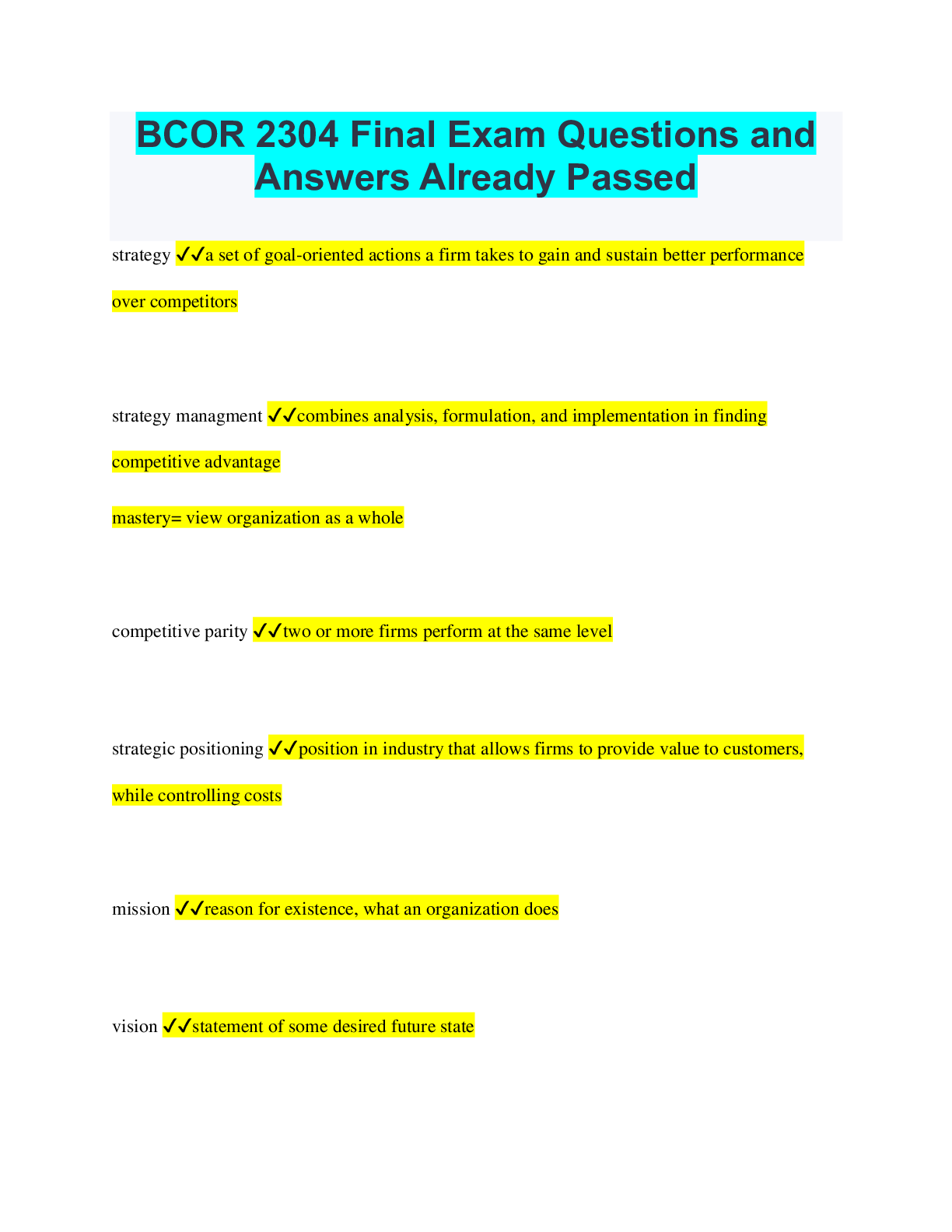 BCOR 2304 Final Exam Questions and Answers Already Passed | ScholarFriends