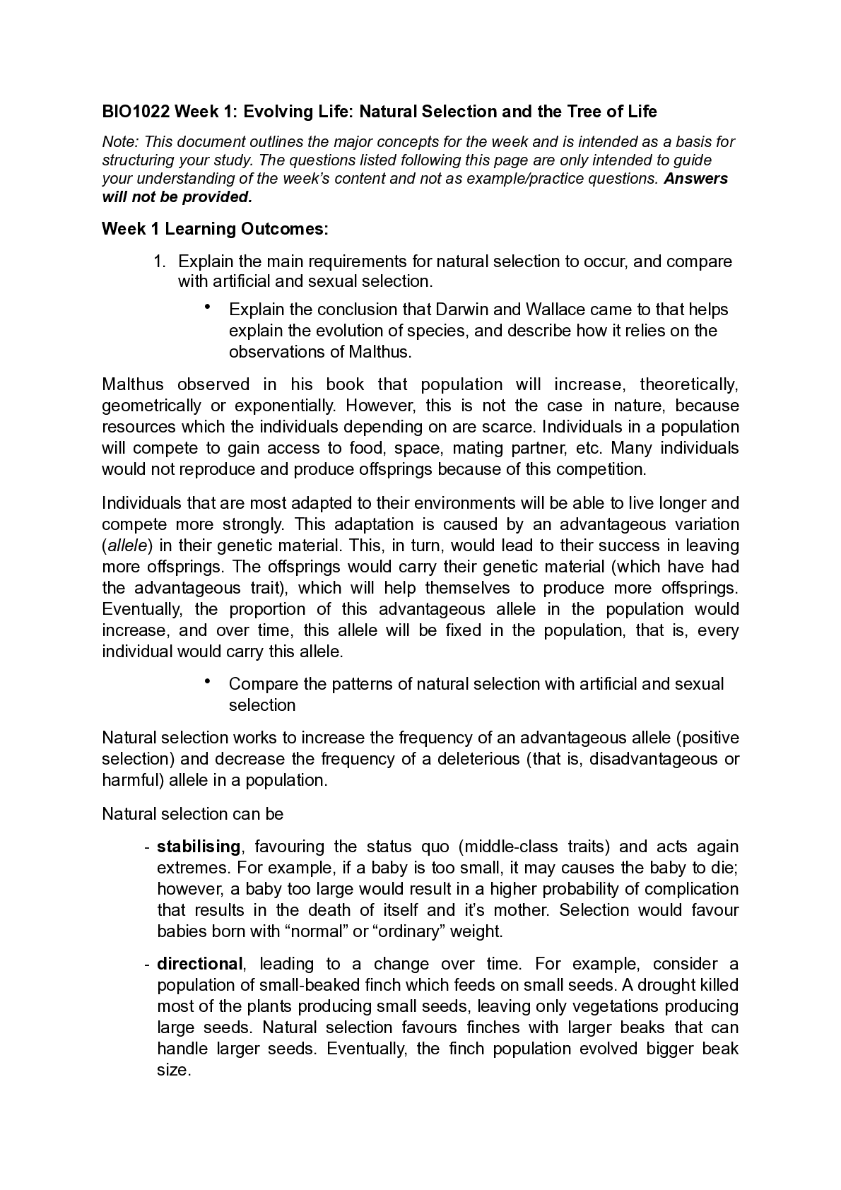 Preview image of BIO 1022 Week 1 Study Guide document