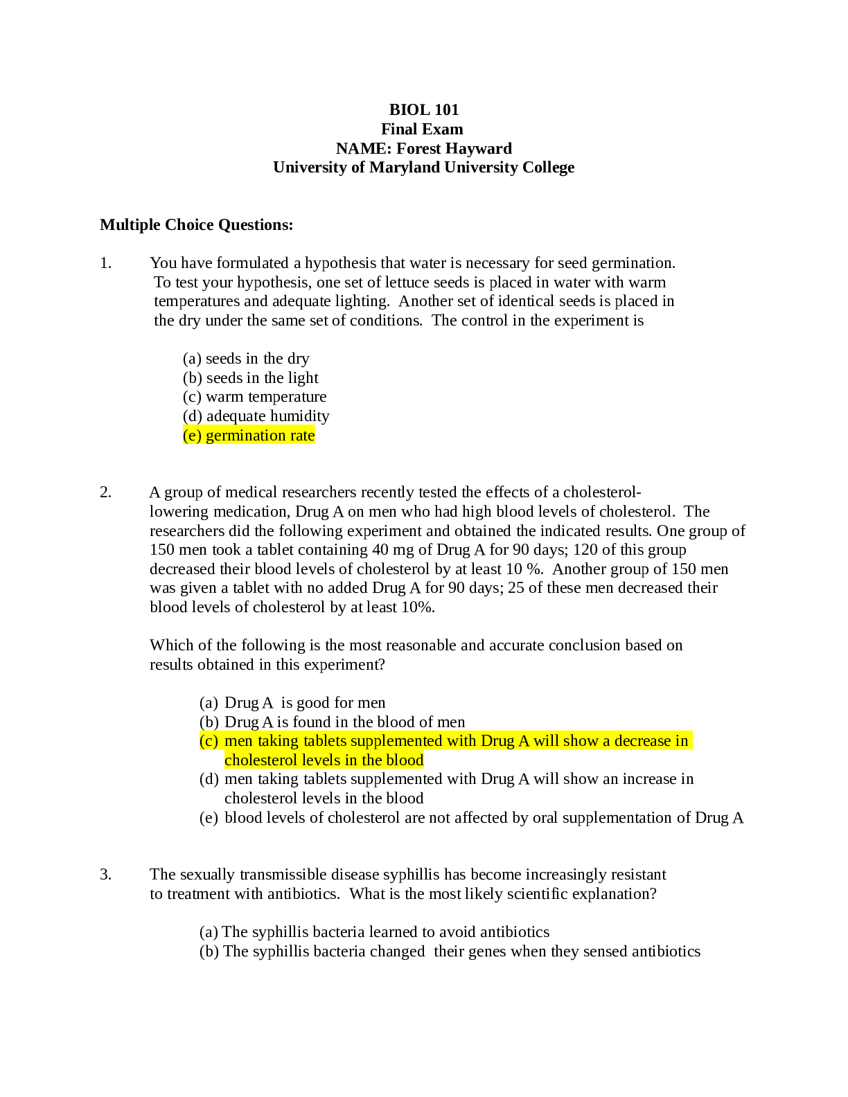 Preview of University of Maryland, University College BIOL 101 FINAL EXAM-ONLINEBIOL 101 Final Exam