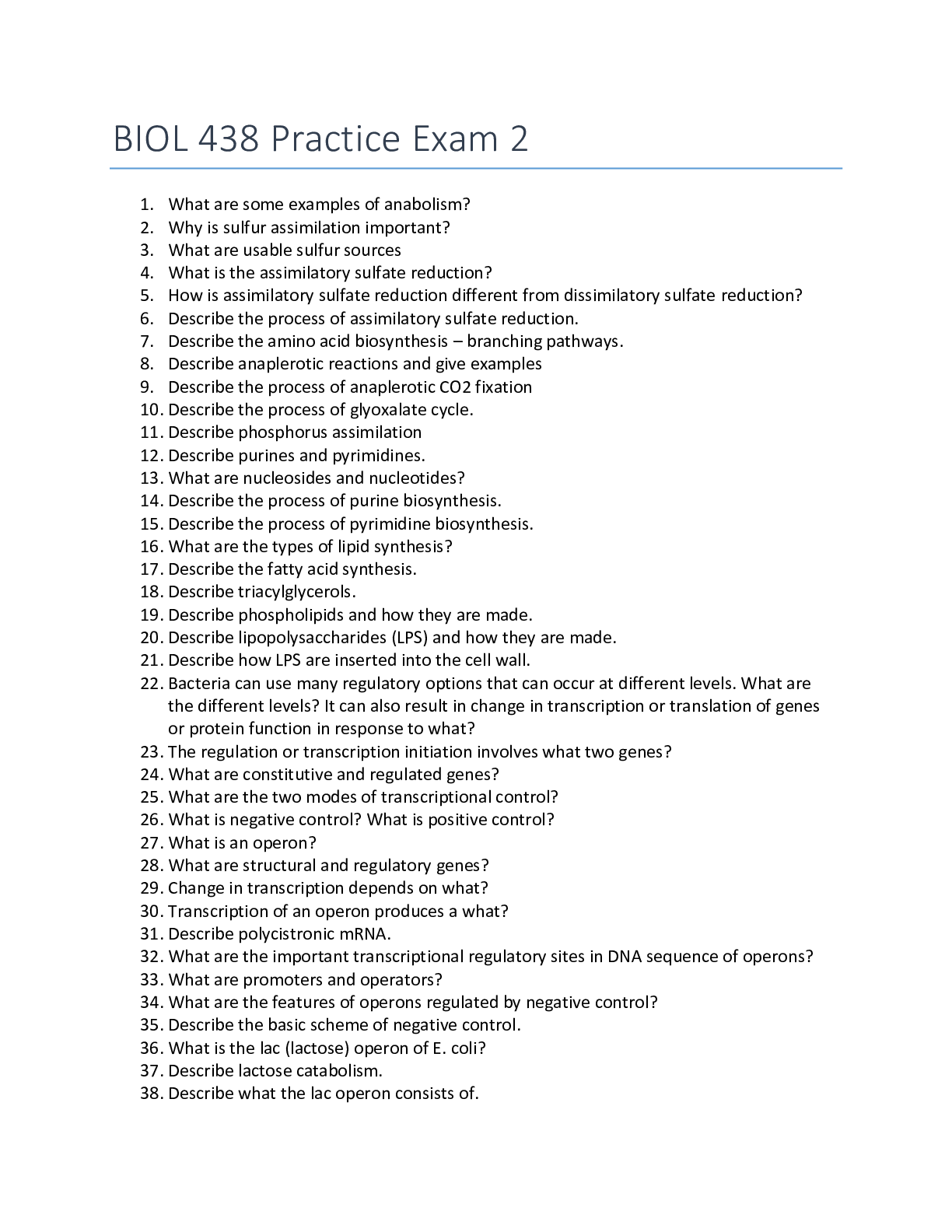 Preview image of Questions Paper > BIOL 438 Practice Exam 2 document