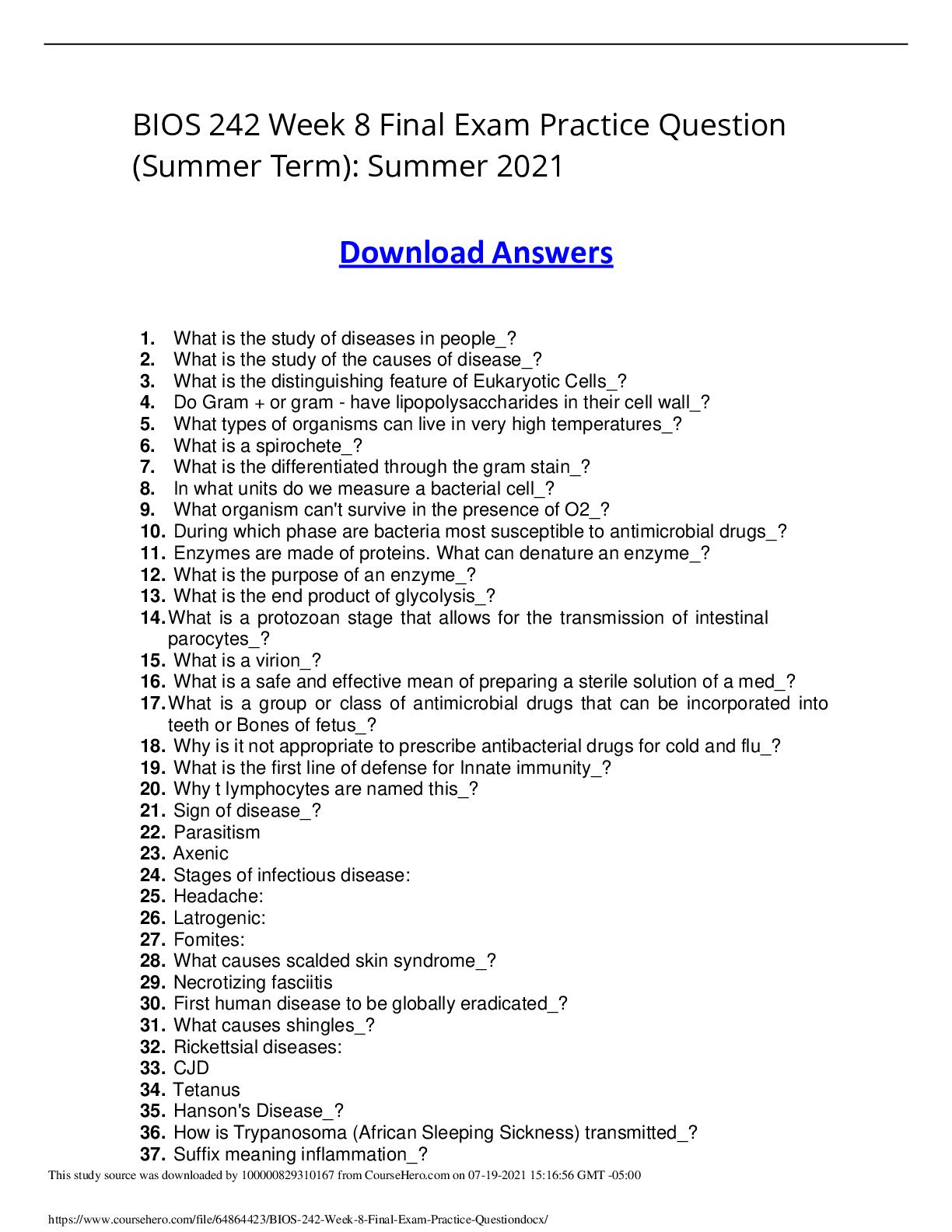 Preview image of BIOS 242 Week 8 Final Exam Practice Question (Summer Term): Summer 2021 document