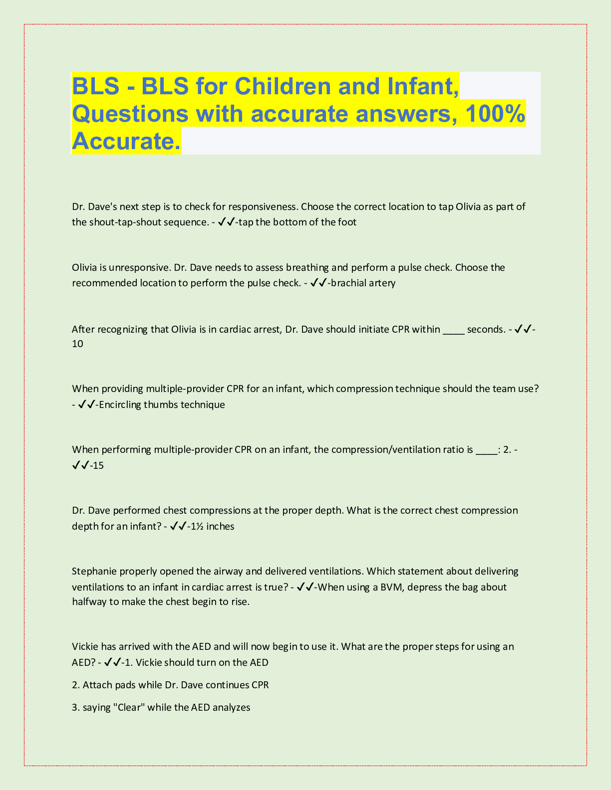 Preview image for BLS - BLS for Children and Infant,  Questions with accurate answers, 100%  Accurate.