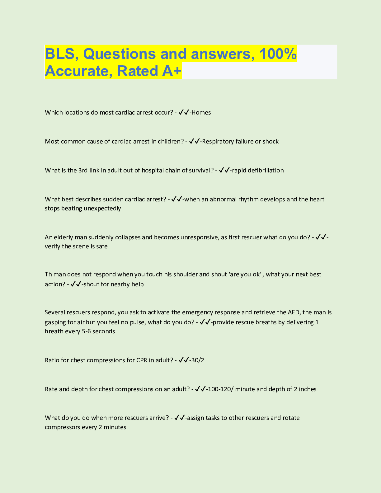 Preview image for BLS, Questions and answers, 100%  Accurate, Rated A+ Which locations do most c