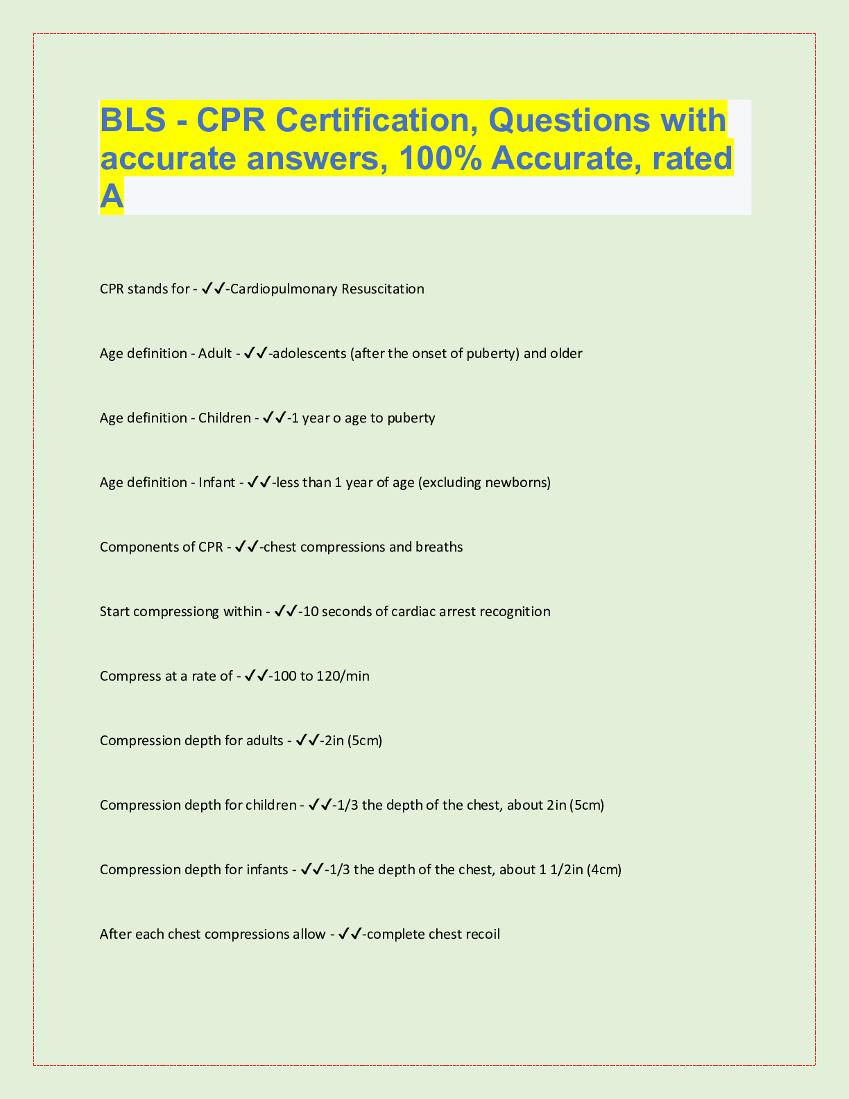 Preview image for BLS - CPR Certification, Questions with  accurate answers, 100% Accurate, rated  A CPR stands f