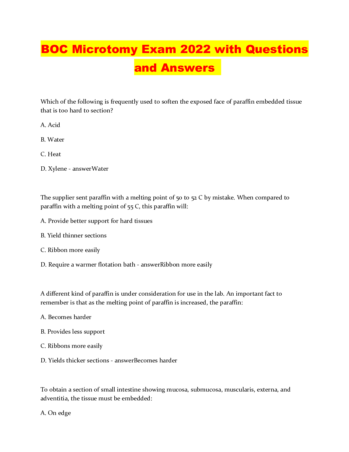 BOC Microtomy Exam 2022 with Questions and Answers - Scholarfriends