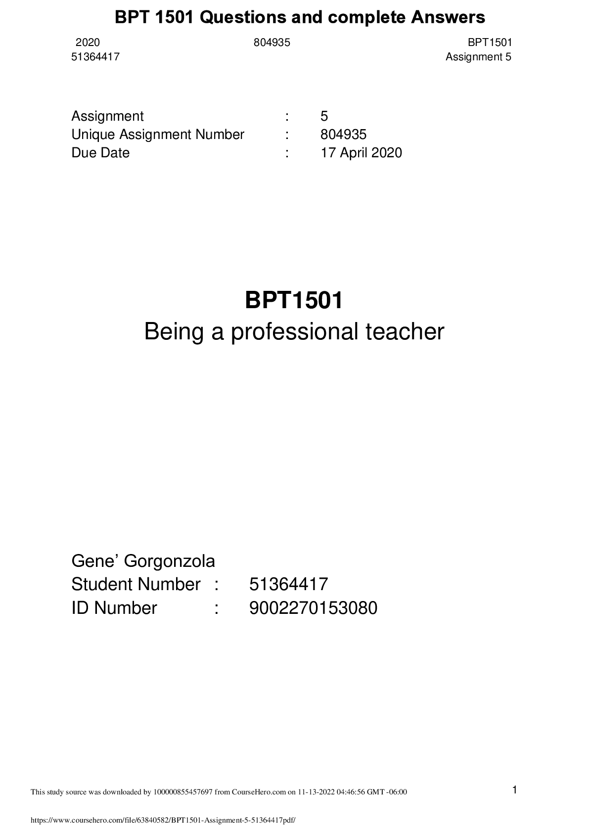 Preview image for BPT 1501 Questions and complete Answers