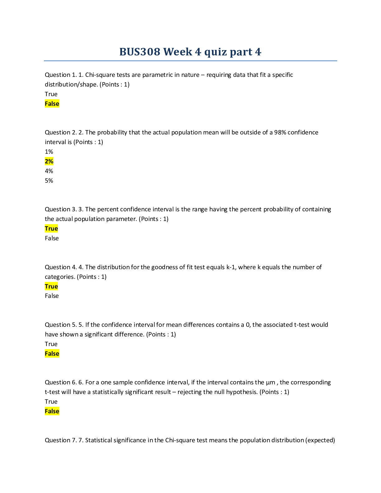 Preview image of BUS308 Week 4 quiz part 4. 100% Score. document