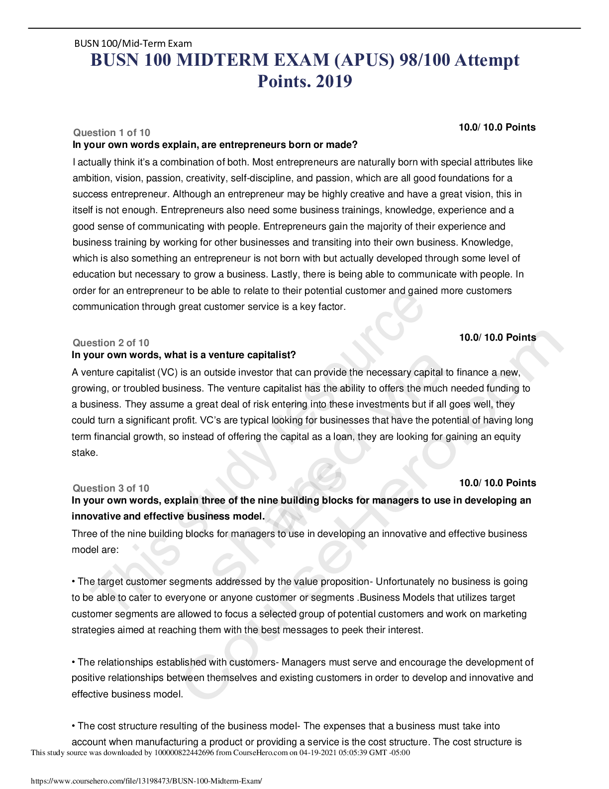Preview image of BUSN 100 MIDTERM EXAM (APUS) 98/100 Attempt Points. 2019 document