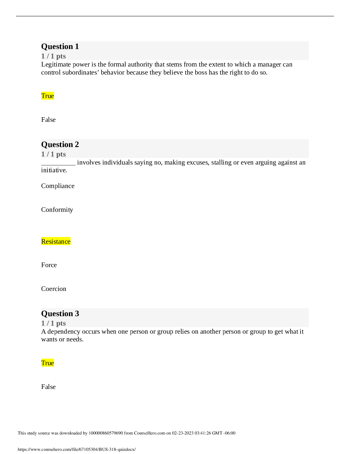Preview image of BUS 318 WEEK 4 QUIZ. COMPLETE SOLUTION. LATEST 2023 document