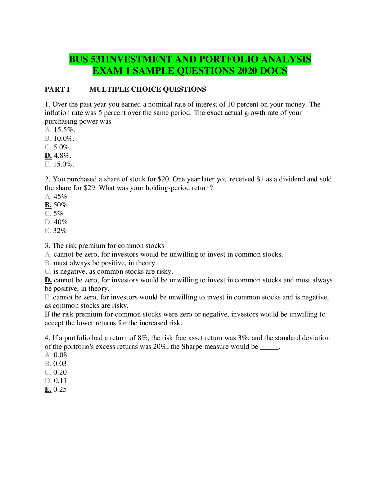 Preview of BUS 531INVESTMENT AND PORTFOLIO ANALYSIS EXAM 1 SAMPLE QUESTIONS 2020 DOCS