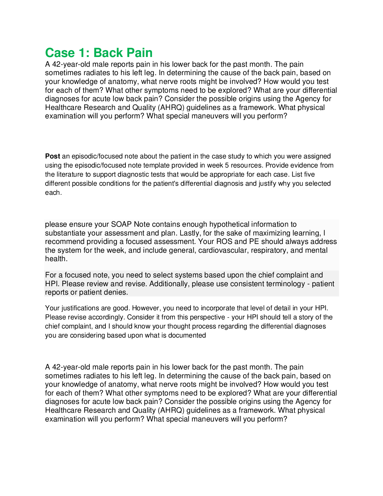 Preview image of Back Pain Case For Week 8 Focused Note document