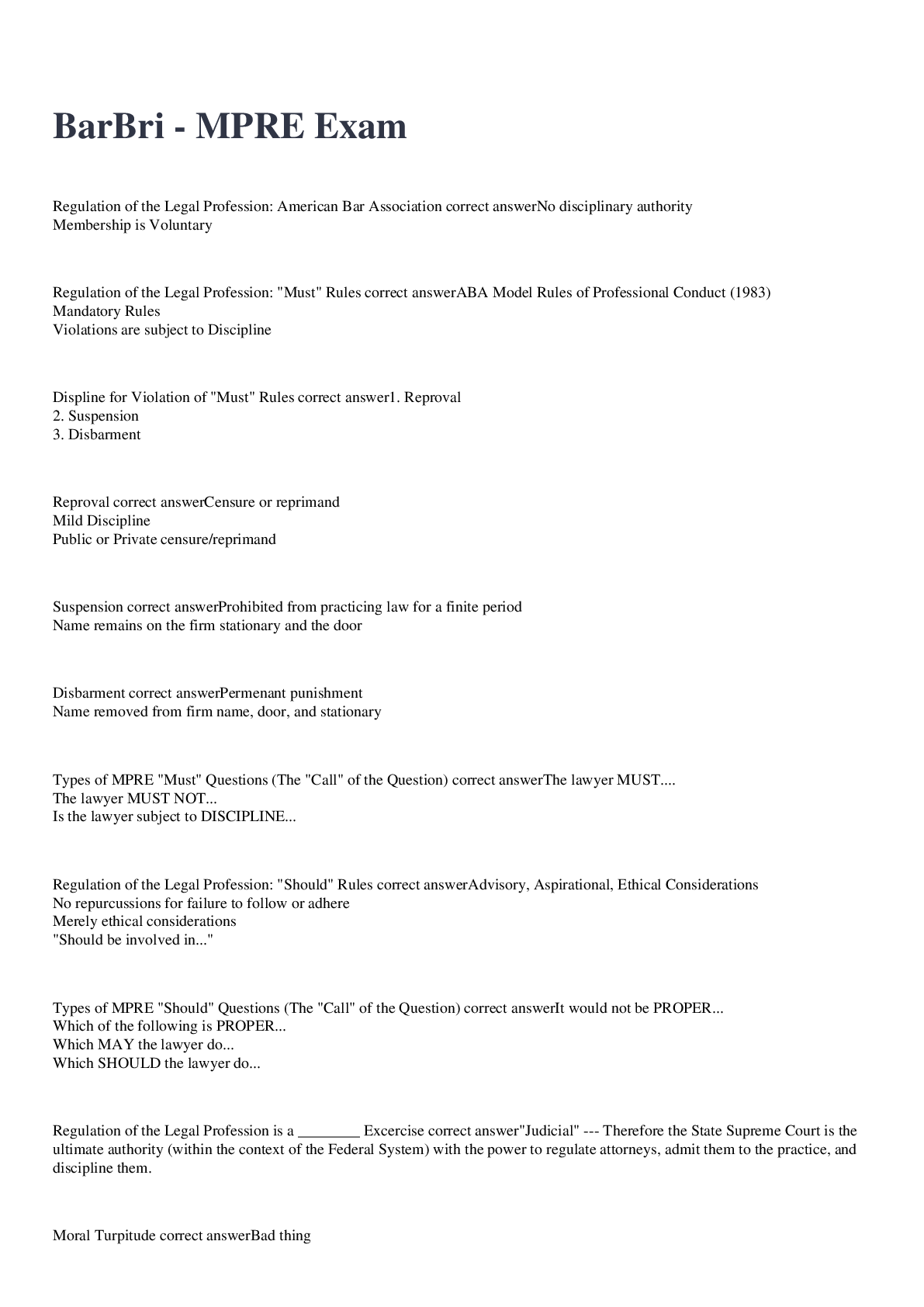 Preview image for BarBri - MPRE Exam 2022/2023 QUESTIONS AND ANSWERS 100% CORRECT