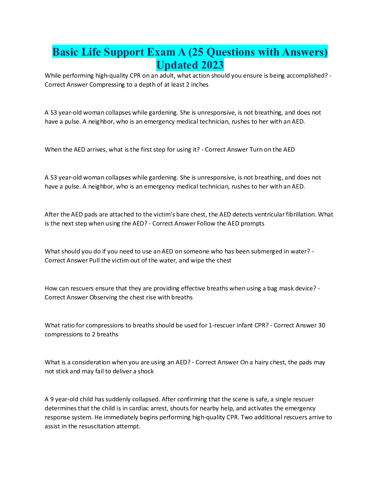 Basic Life Support Exam A Questions And Answers | ScholarFriends