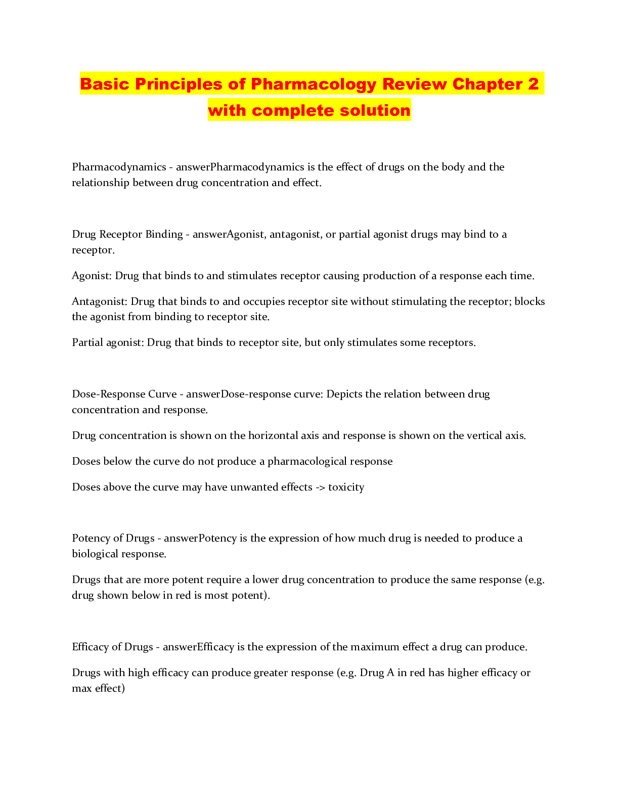 Basic Principles of Pharmacology Review Chapter 2 with complete ...