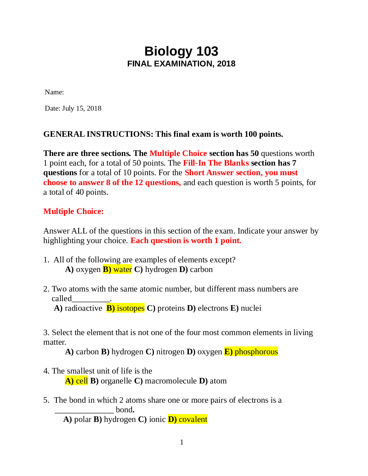 Preview of University of Maryland, University College' BIOL 101 FINAL EXAM-ONLINE