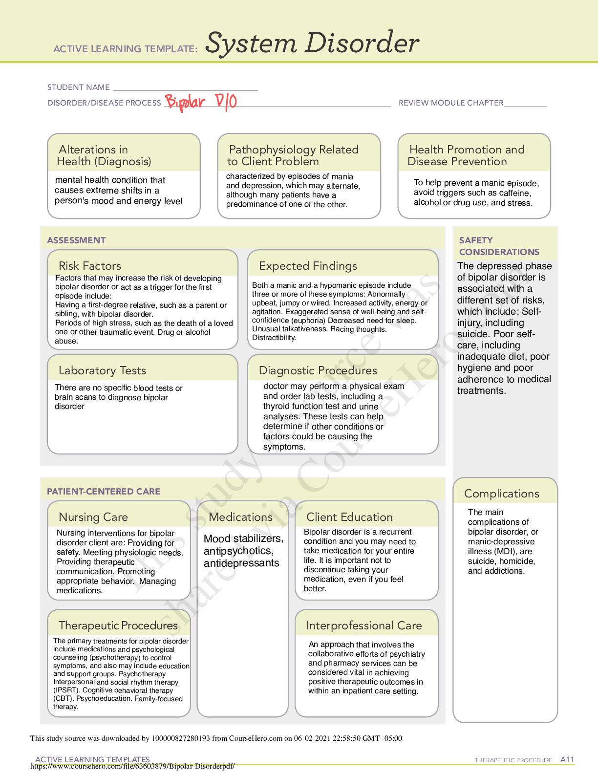 Recommended document preview for NURSING NR101 Transitions to nursing ; Bipolar Disorder Study Guide