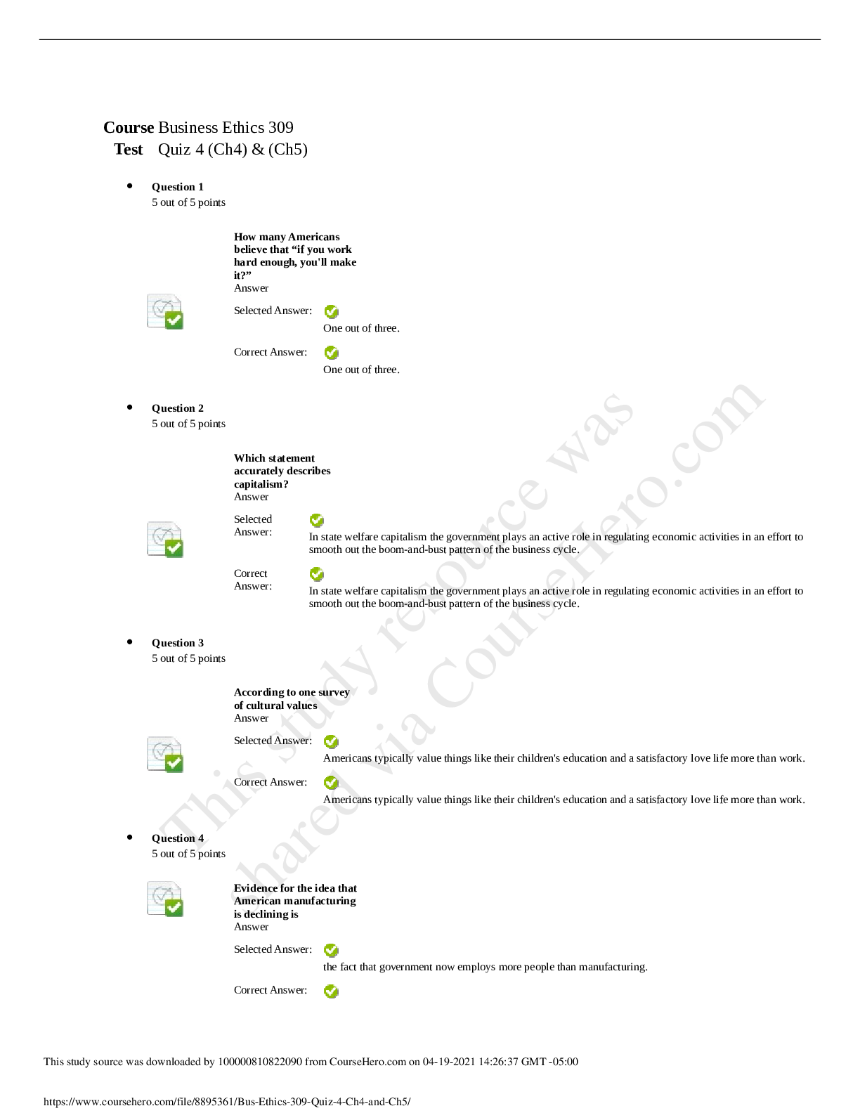 Preview image for Bus Ethics 309 - BUSINESS E 309 Quiz 4 Ch.4 and Ch.5. Strayer University
