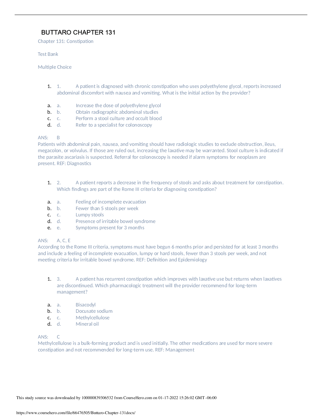 Preview image of Chapter 131: Constipation Test Bank Multiple Choice document