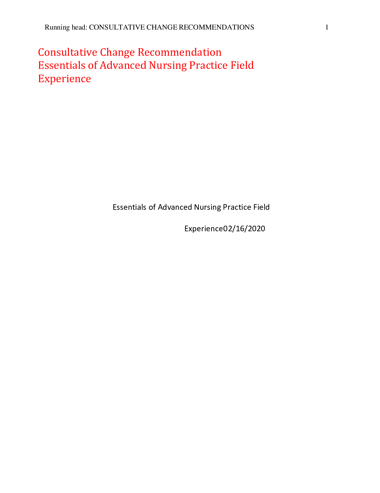 Preview image for Consultative Change Recommendation Essentials of Advanced Nursing Practice Field Experience,100% CORRECT