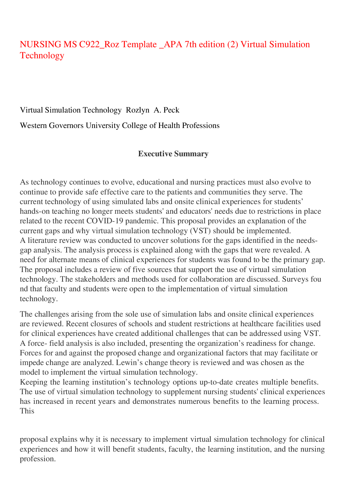 Preview of NURSING MS C922_Roz Template _APA 7th edition (2) Virtual Simulation Technology ,100% CORR