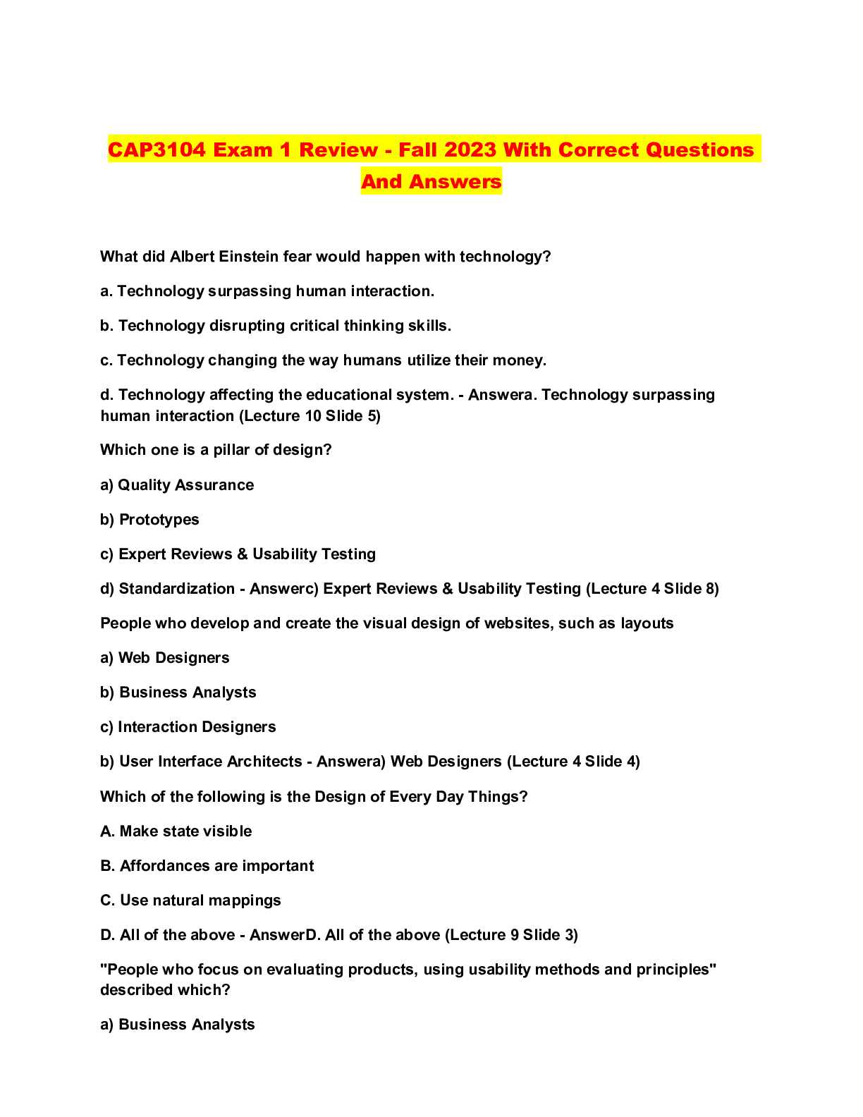 CAP3104 Exam 1 Review - Fall 2023 With Correct Questions And Answers ...