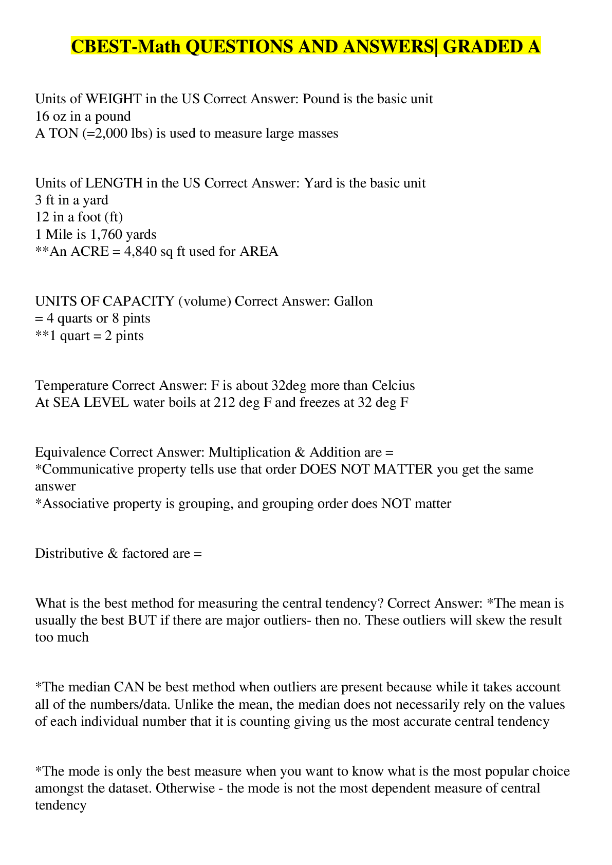 Preview image for CBEST-Math QUESTIONS AND ANSWERS| GRADED A