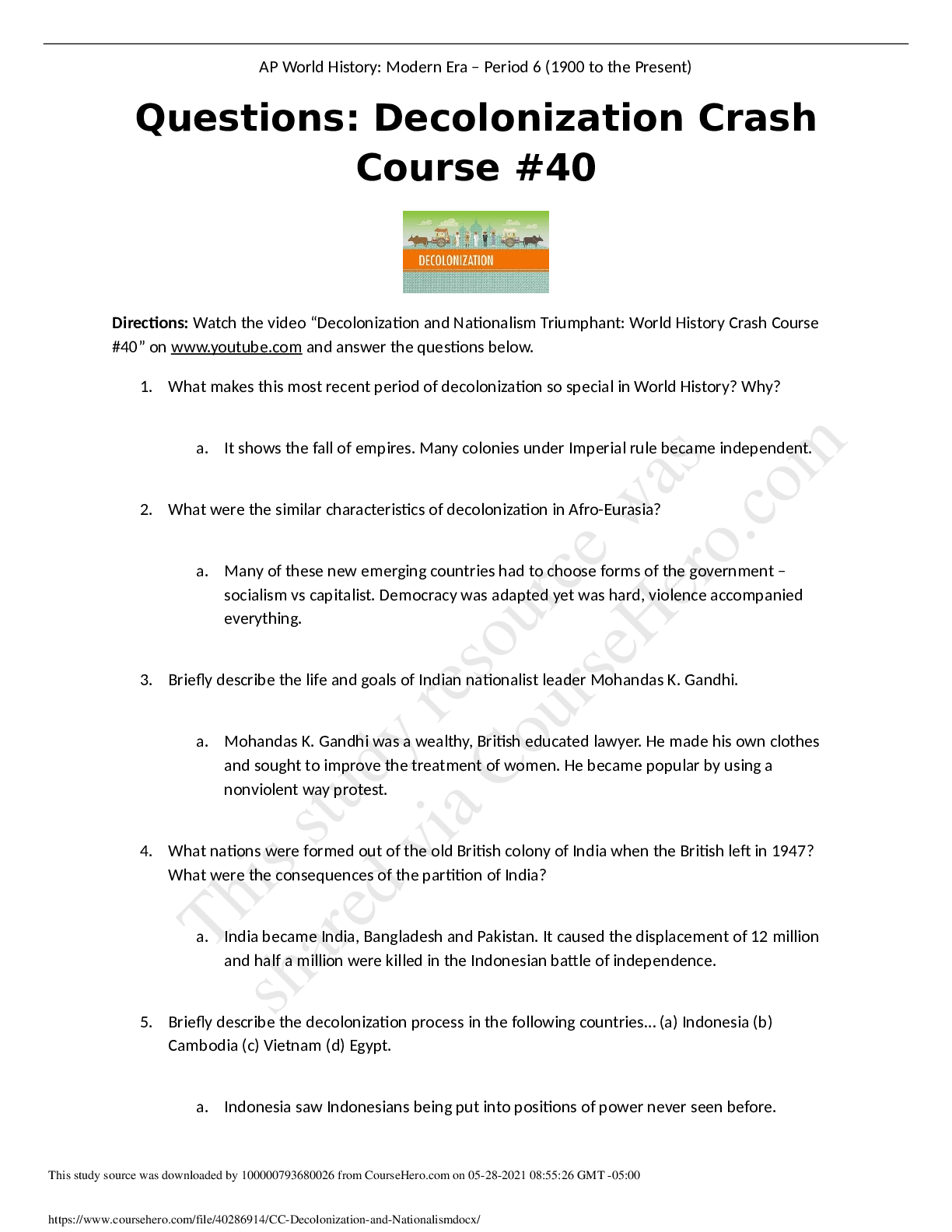 Preview image of Decolonization Crash Course #40 Questions WITH VERIFIED ANSWERS document