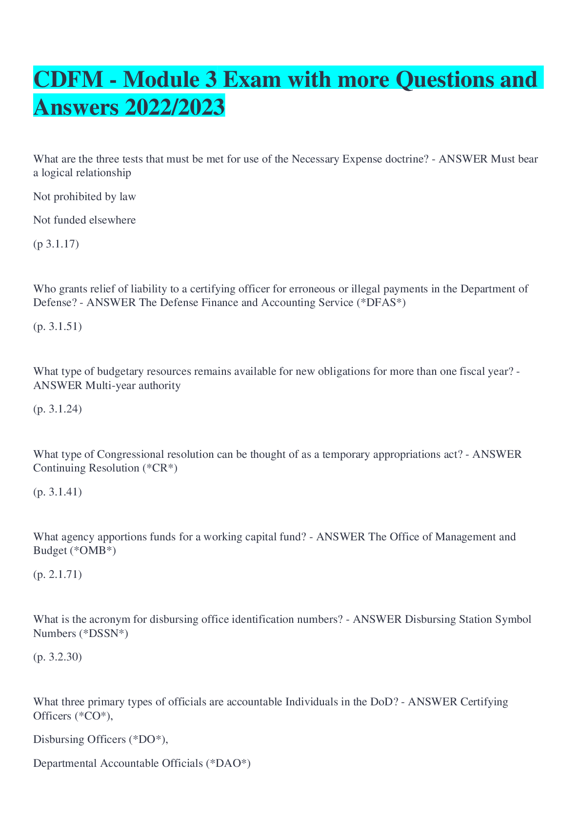 Preview image for CDFM - Module 3 Exam with more Questions and Answers 2022/2023