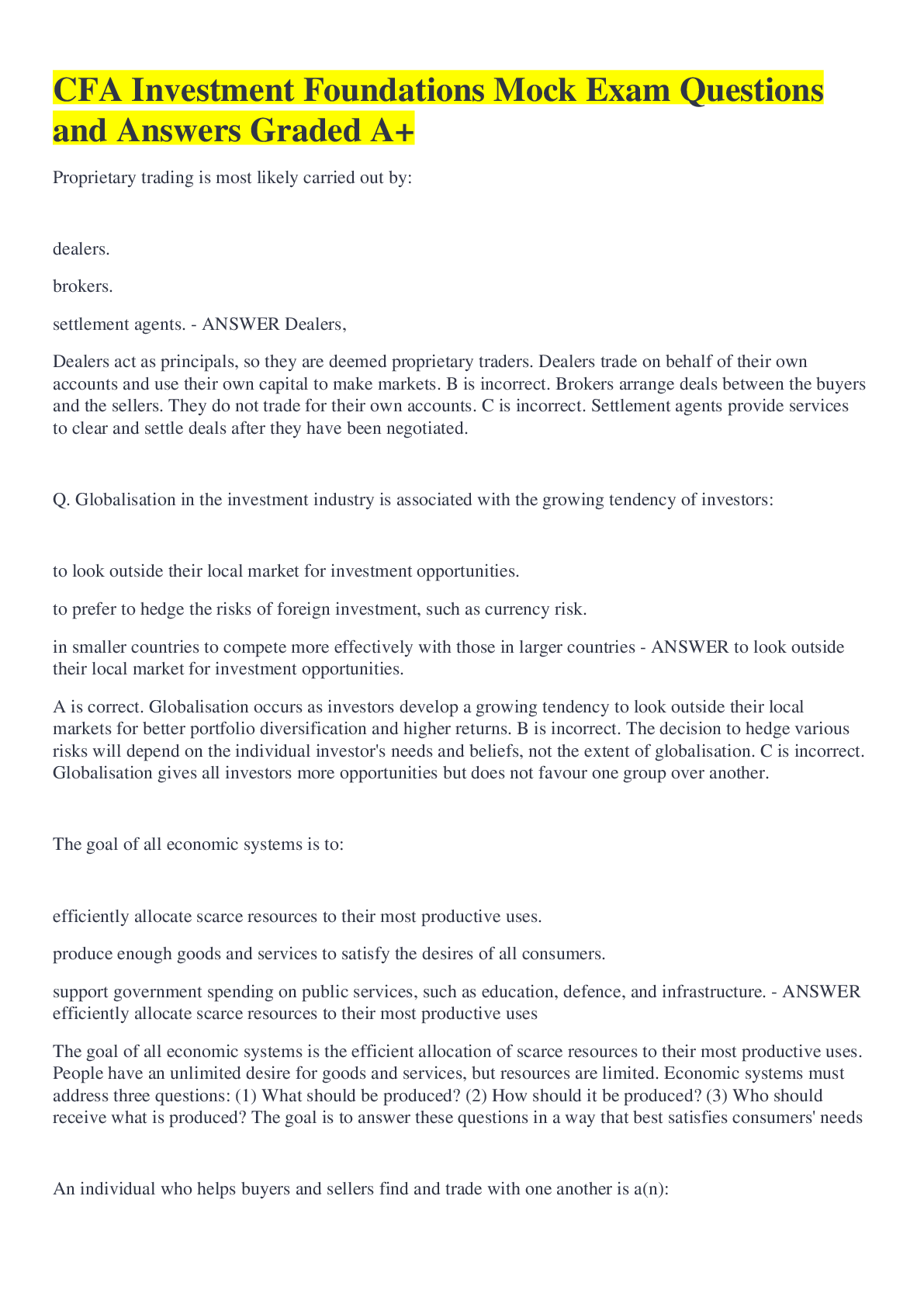 CFA Investment Foundations Mock Exam Questions and Answers Graded A+ ...