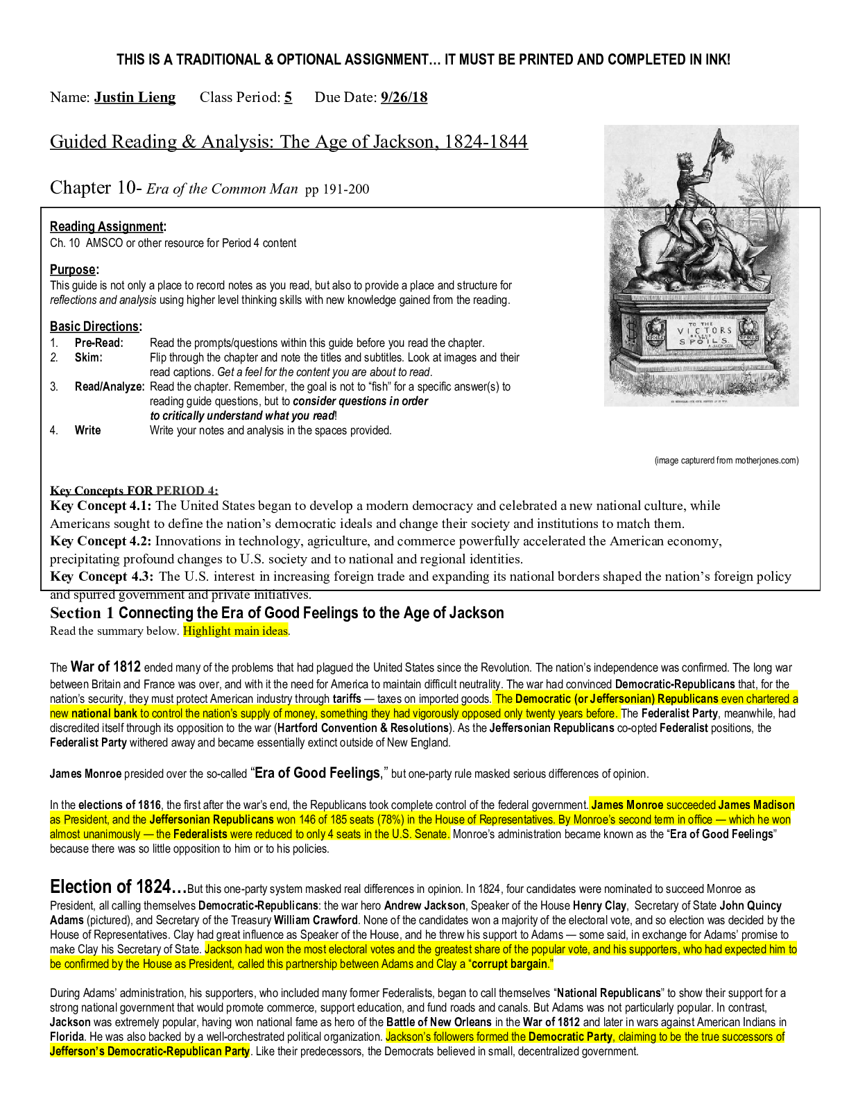 HISTORY AP US HistAPUSH Chapter 10 Guided Reading & Analysis: The Age of Jackson, 1824-1844 Chapter 10- Era of the Common Man pp 191-200.  Contains Answers.