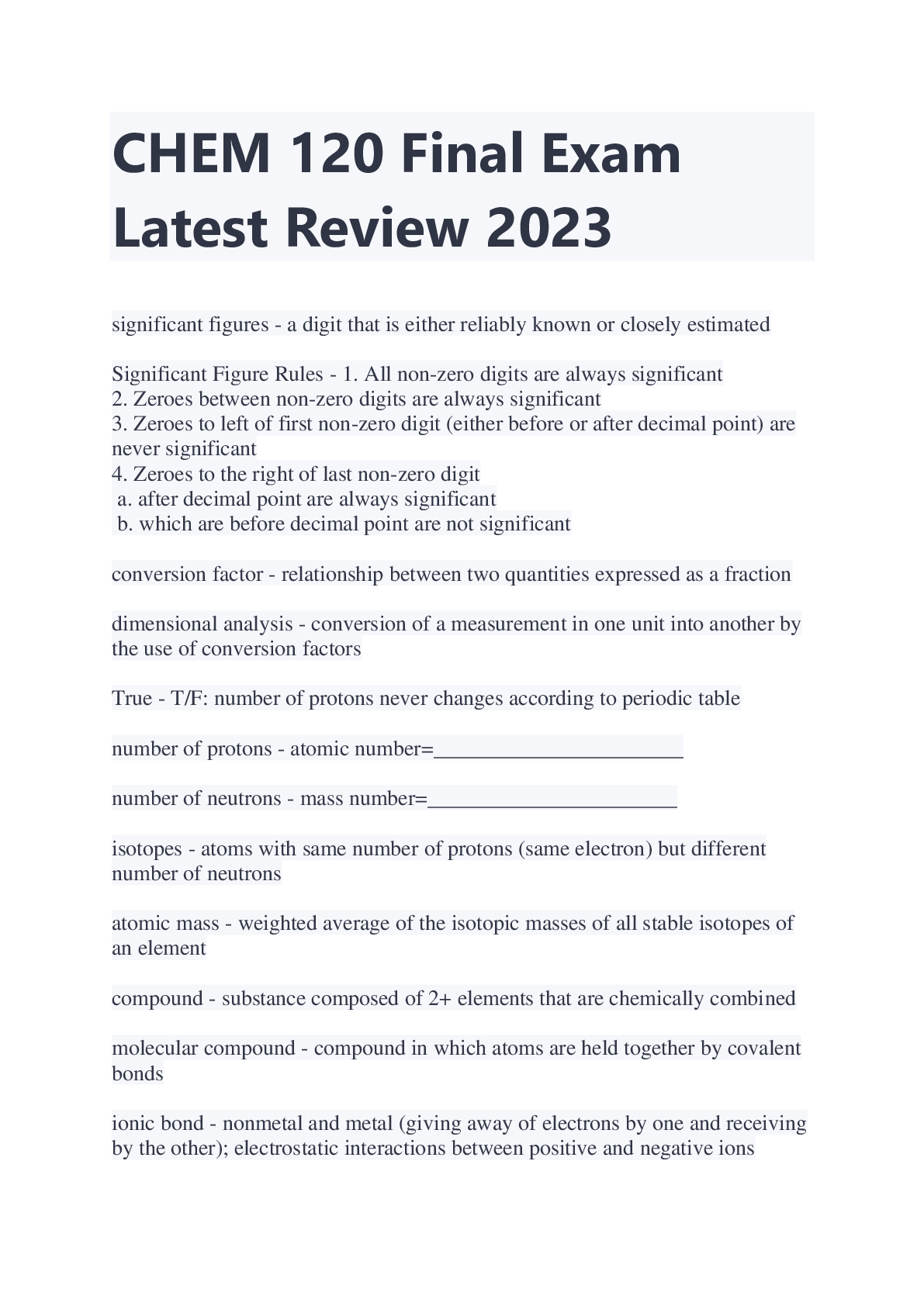 CHEM 120 Final Exam Latest Review 2023 - Chamberlain College of Nursing ...