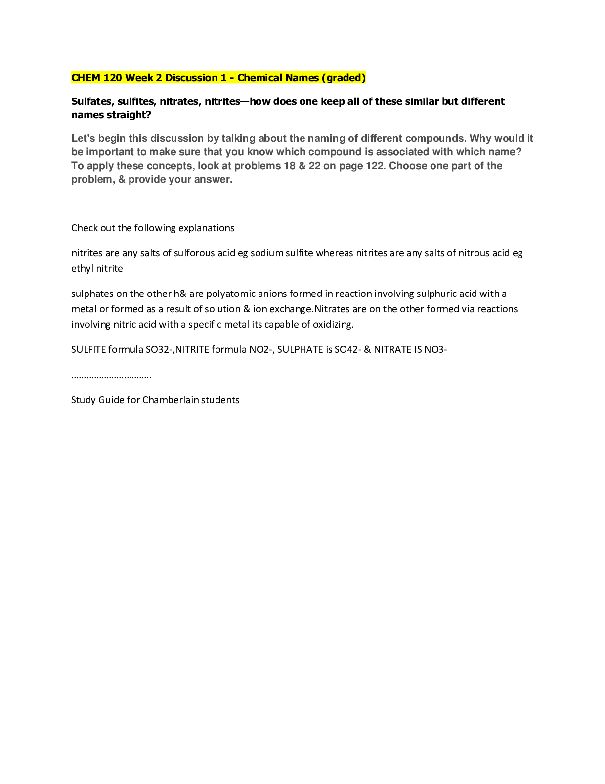 Preview image for Chamberlain College of Nursing - CHEM 120 CHEM 120 Week # 2 DQ 1 - Chemical Names (graded)