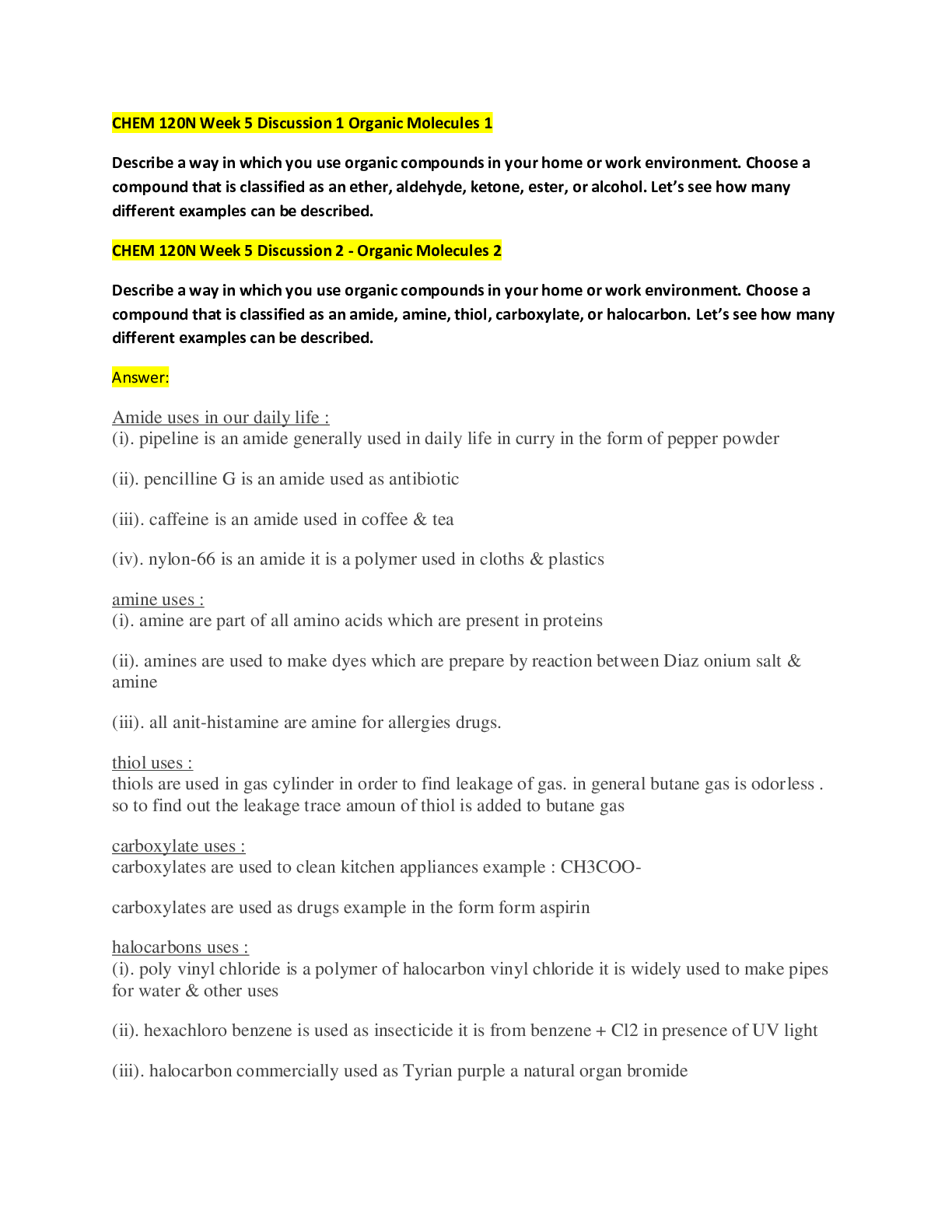 Preview image for Chamberlain College of Nursing - CHEM 120/CHEM 120 Week # 5 DQ 1 &amp; 2_Verified Answers.