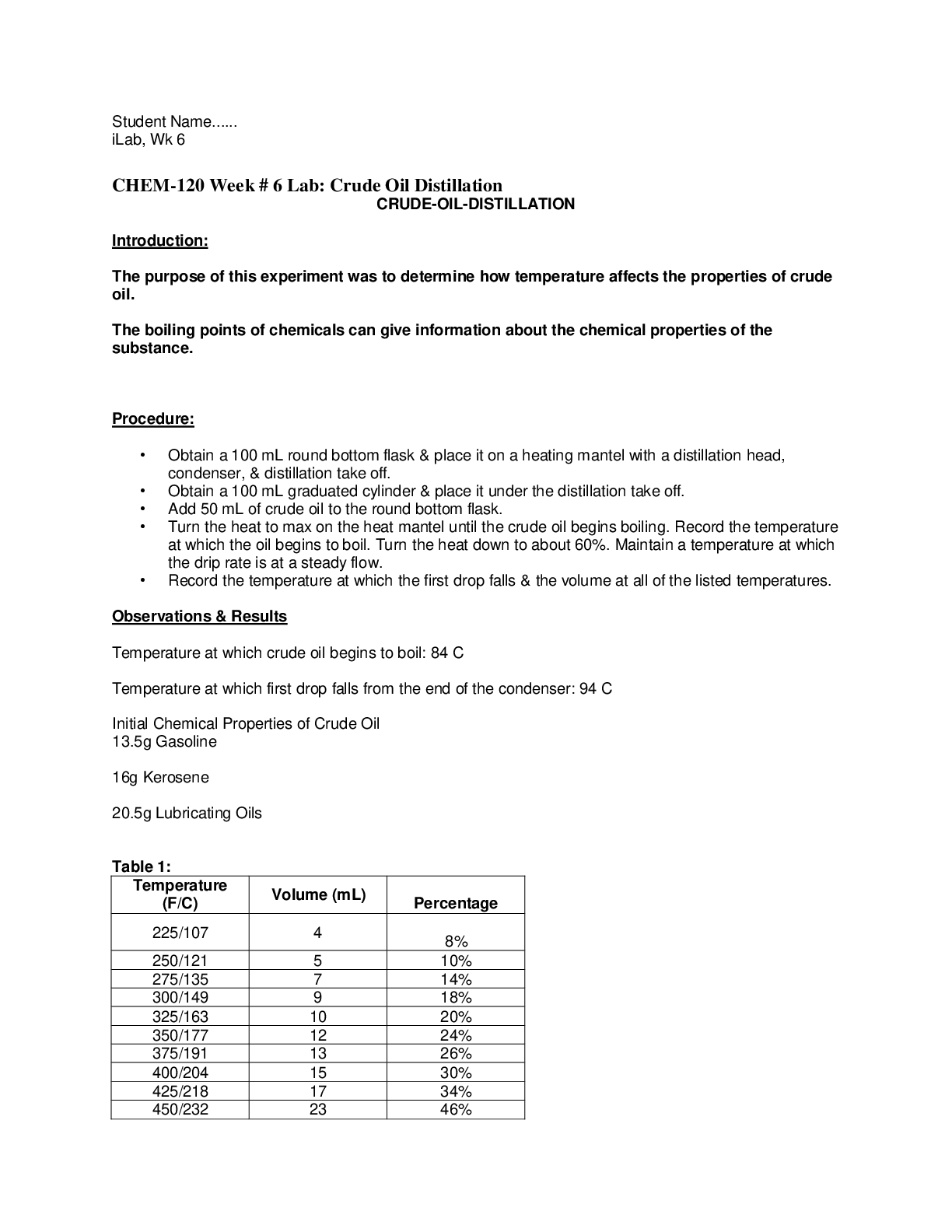 Preview image for Chamberlain College of Nursing - CHEM-120 Week # 6 Lab: Crude Oil Distillation_Verified Answers.