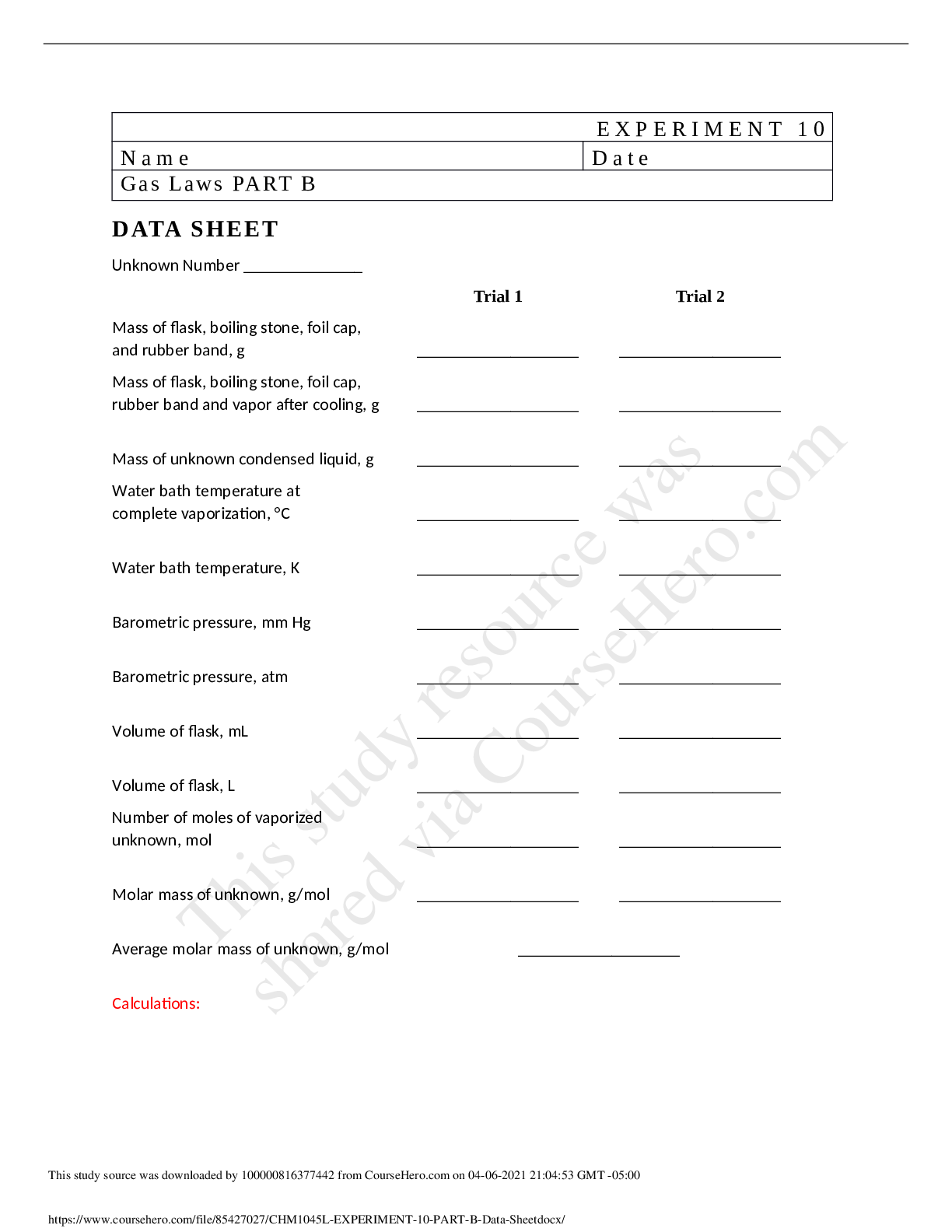 Preview image of CHM1045L EXPERIMENT 10 PART B Data Sheet. document