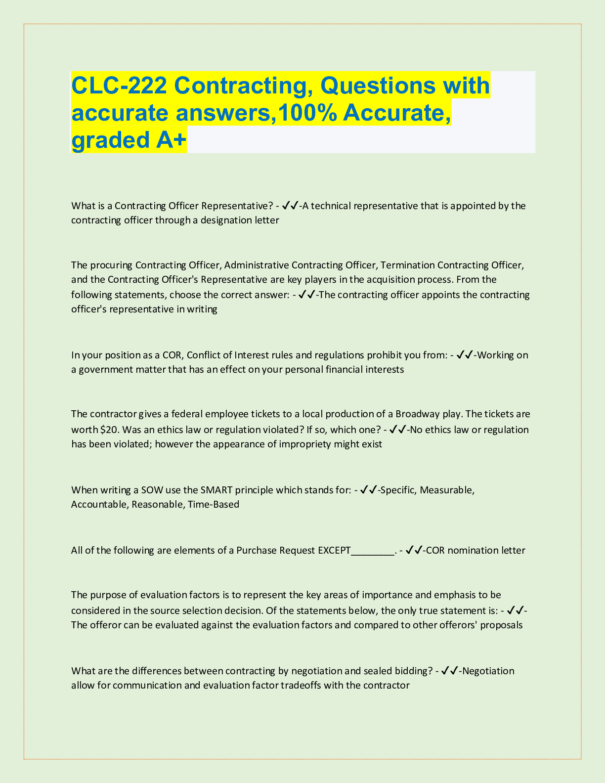 Preview of CLC-222 Contracting, Questions with  accurate answers,100% Accurate,  graded A+