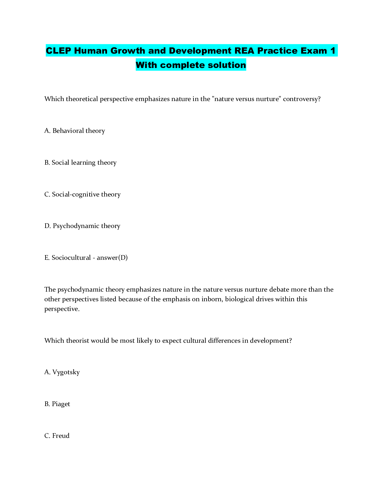 CLEP Human Growth and Development REA Practice Exam 1 With complete ...