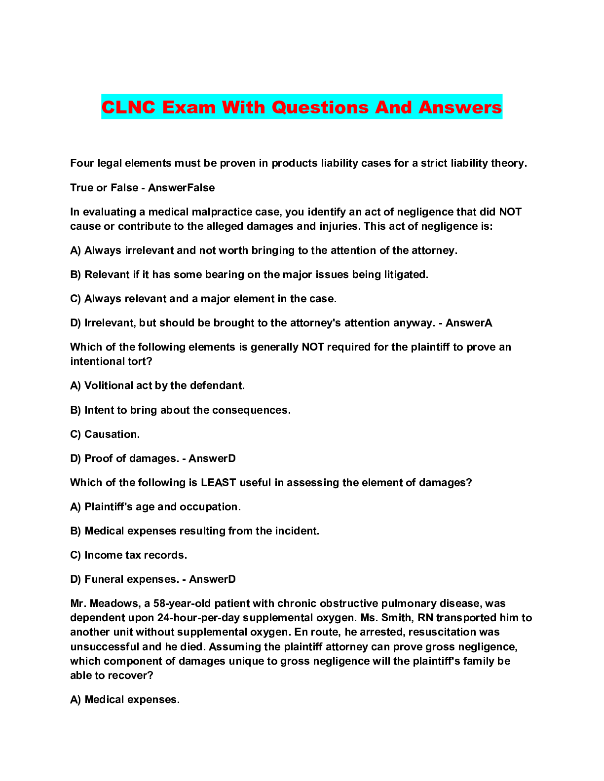 Clnc CLNC Exam With Questions And Answers – Scholarfriends - Scholarfriends