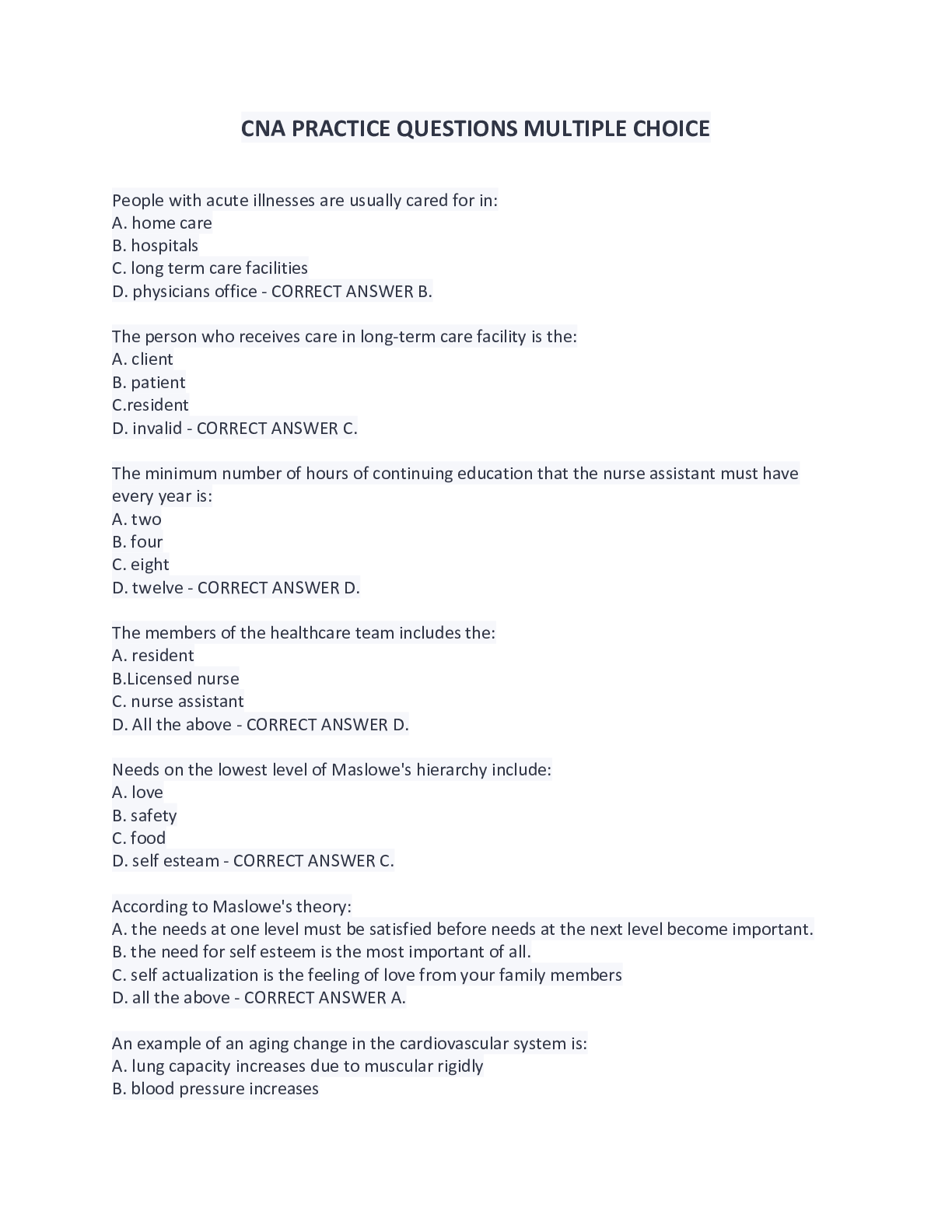 CNA PRACTICE QUESTIONS MULTIPLE CHOICE – Scholarfriends - Scholarfriends