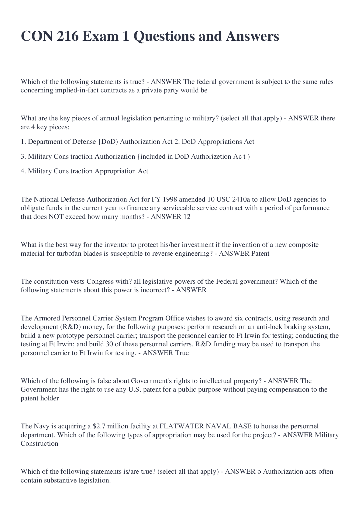 CON 216 Exam 1 Questions and Answers | ScholarFriends