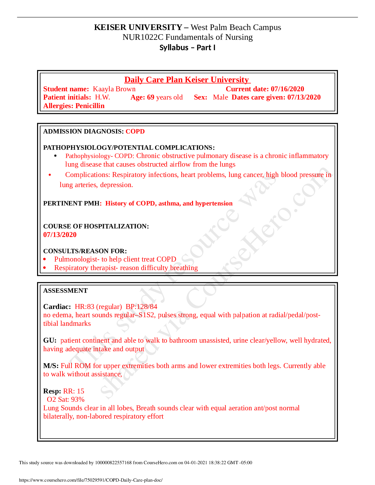 Preview image for NUR1022C Fundamentals of Nursing COPD Daily Care plan keiser university