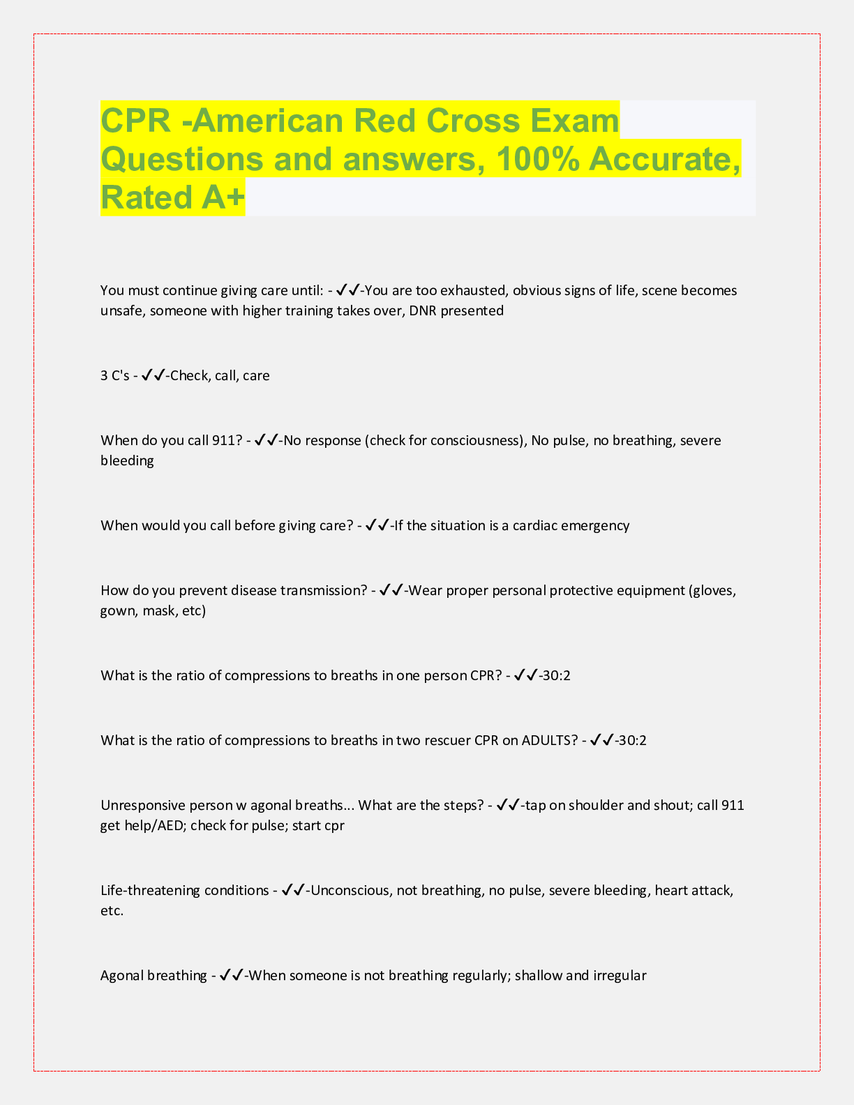 Preview image for CPR -American Red Cross Exam  Questions and answers, 100% Accurate,  Rated A+