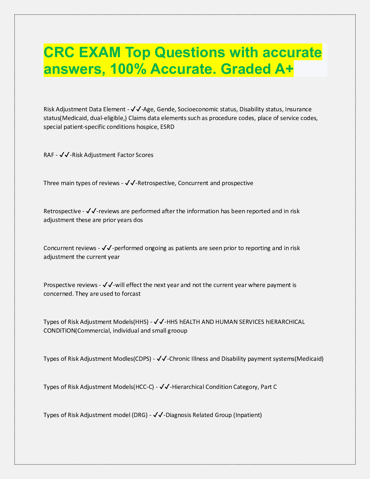 CRC EXAM Top Questions with accurate answers, 100% Accurate. Graded ...