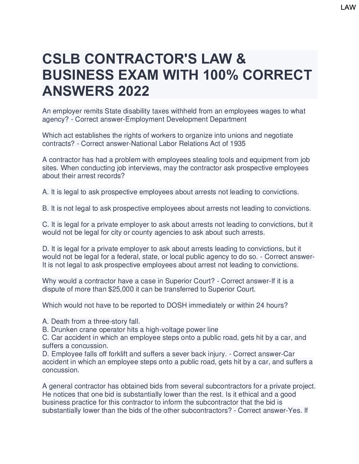 Preview image for CSLB CONTRACTOR'S LAW & BUSINESS EXAM