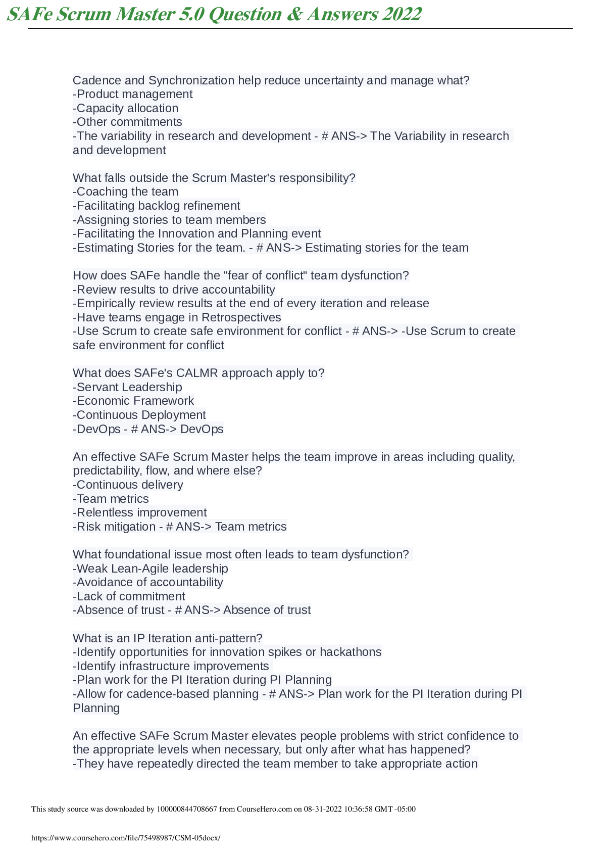 Preview image of SAFe Scrum Master 5.0 Question & Answers 2022 document