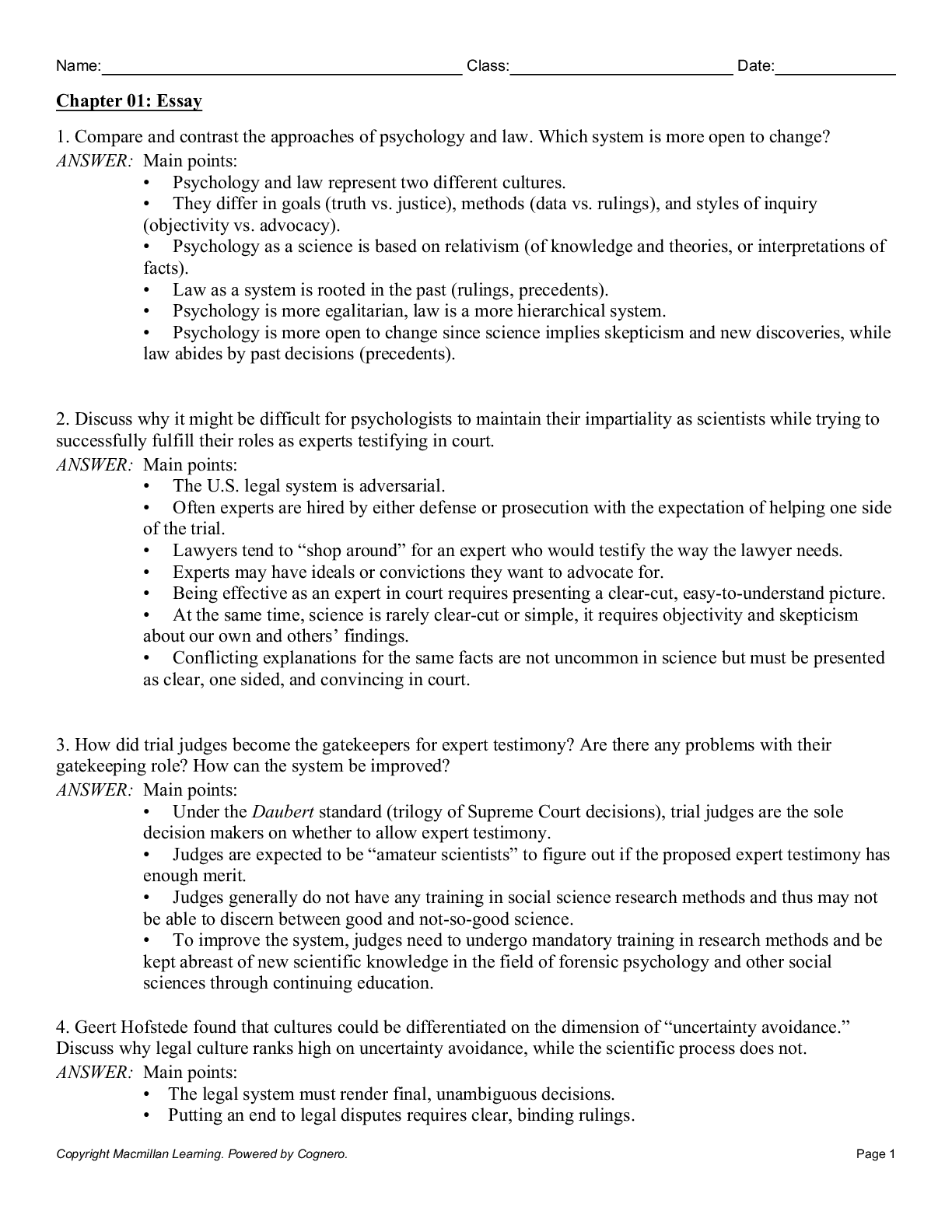 Test Bank For Forensic and Legal Psychology, 4th Edition By Mark Costanzo, Daniel Krauss (Macmillan)