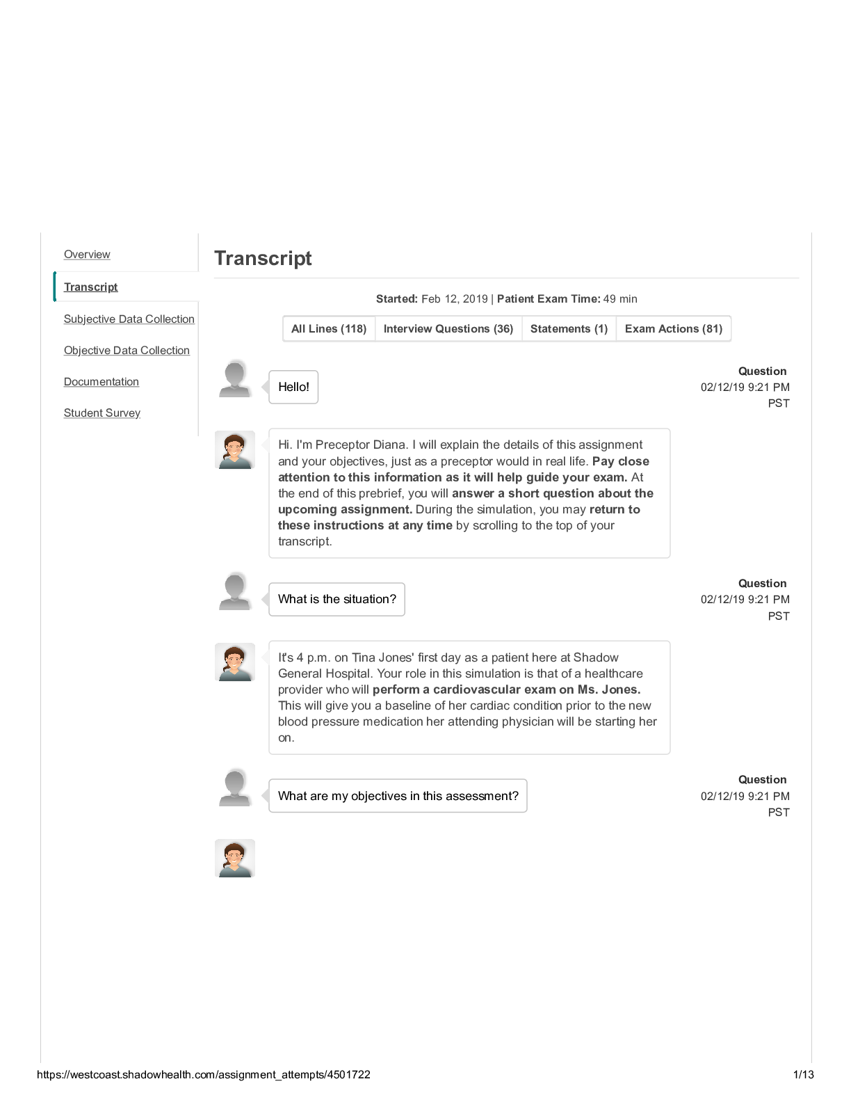 Preview image for Cardiovascular - due Week 4 _ Completed _ Shadow Health Tina Jones