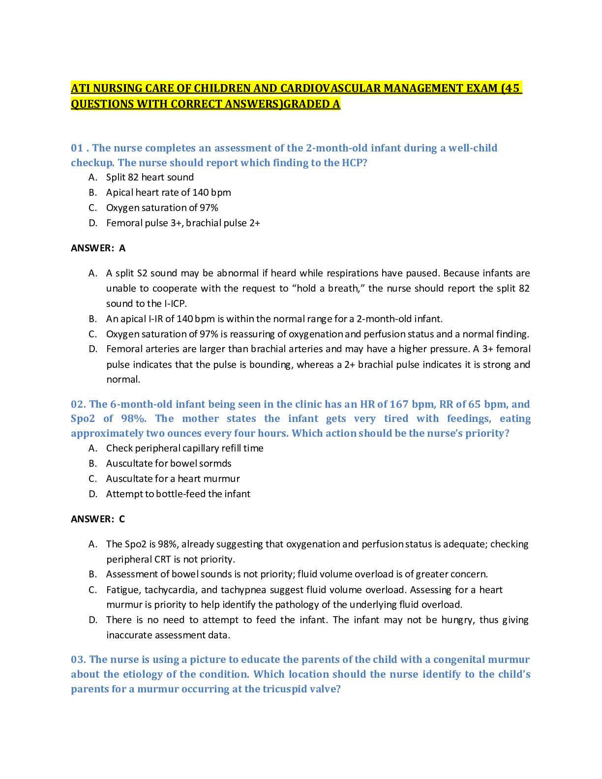 Preview image for ATI NURSING CARE OF CHILDREN AND CARDIOVASCULAR MANAGEMENT EXAM (45 QUESTIONS WITH CORRECT ANSWERS)GRADED A